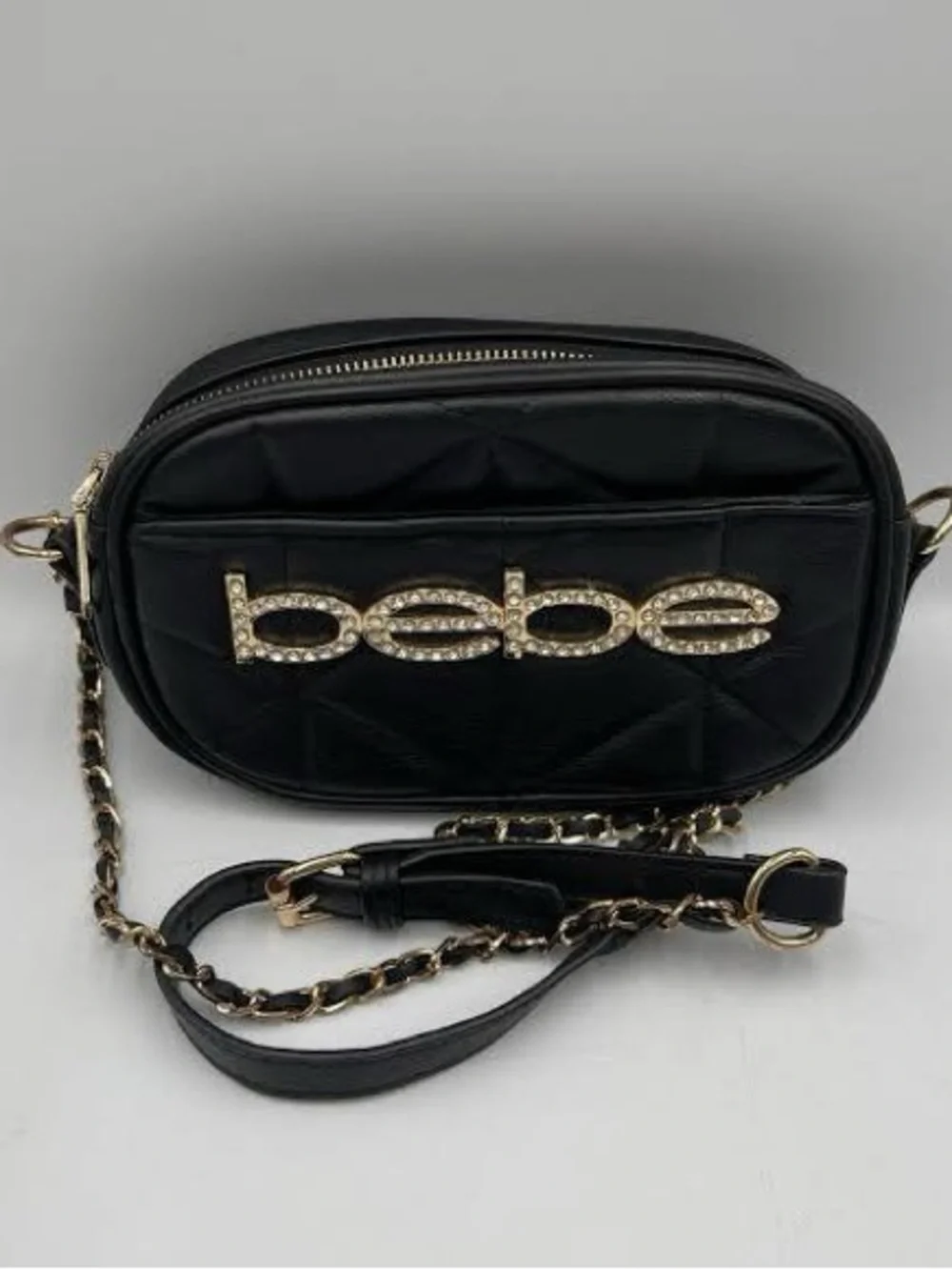 bebe Black Quilted Crossbody with Crystal Logo Plaque